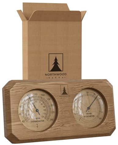 NORTHWOOD Sauna Thermometer & Hygrometer 2 in 1 - Handmade from Canadian Red Cedar Wood - Luxurious Glass and Golden Metal Dials