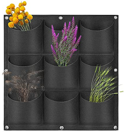 LITLANDSTAR Pflanzbeutel zum Aufhängen, 9 Taschen, 0,5 m × 0,5 m, zum Aufhängen, vertikaler Garten, Wand-Pflanzgefäß, Blumenpflanzbehälter, Wandmontage, Begrünung, Pflanztasche für den Innen- und