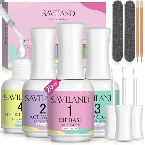 SAVILAND Dip Powder Liquid Set: 20 ml Ultimate Nail Dip System Essentials Liquid Large Capacity HEMA-free Dipping Base Activator Top Coat Brush Saver No Curing Needed for DIY Home Manicure