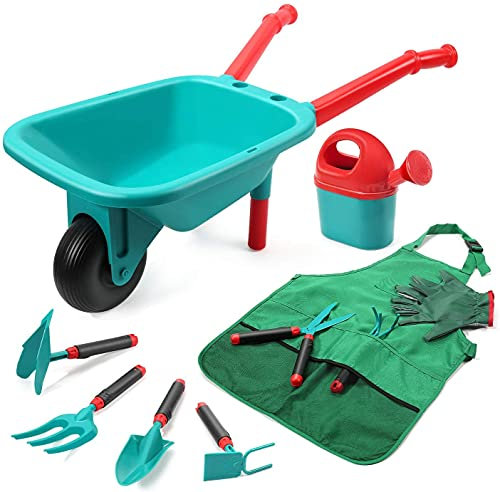CUTE STONE Kinder Gartengeräte Set, Gartenarbeit Werkzeug mit Schubkarre, Gießkanne, Handschuhe, Hand Harke, Schaufel, Kelle, Hacke, Schürze, Outdoor Indoor Spielzeug Geschenk für Jungen Mädchen