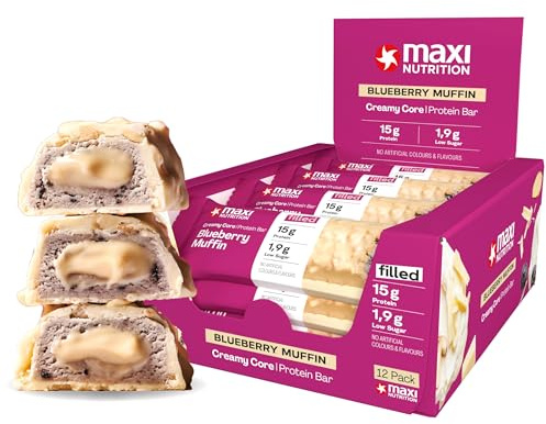 MaxiNutrition Creamy Core Bar Blueberry Muffin, 12x45g Filled-Protein-Riegel, 29% Eiweißgehalt 13 g je Riegel, low Sugar (2,1g), ohne Zuckerzusatz, ohne künstliche Aromen, Born & Developed in Germany