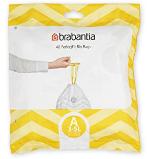Brabantia PerfectFit Bin Liners (Size A/3 Litre) Thick Plastic Trash Bags with Tie Tape Drawstring Handles (40 Bags), White - Code a,137600