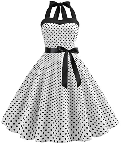 1950s Dresses for Women UK Vintage Rockabilly 50s Style Audrey Hepburn 1940s Halter Neck Polka Dot Summer Swing A Line Skater Midi Tea Dress Cocktail Party Evening Prom Gown Plus Size A#White L