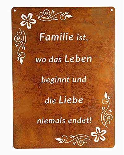 Schild Spruchtafel rostiges Gartenschild Edelrost Rost zum hängen Gartendeko 29x21cm, Es ist keine Villa (Familie ist)