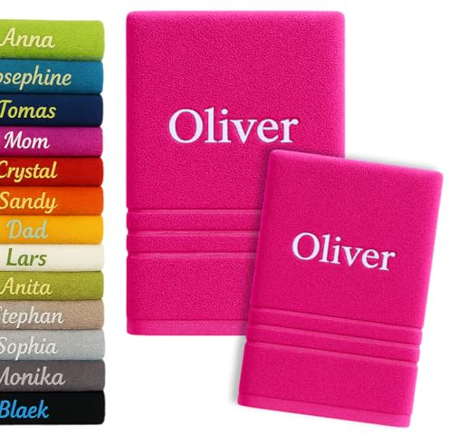 2er Pack Personalisiertes Handtuch und Badetuch mit Namen 2er Pack Schön gestickter Name Handbadetuch 100 % Baumwollhandtuch 50 x 100 cm + 140 x 70 cm Personalized Custom Towel with Name (Rosa)