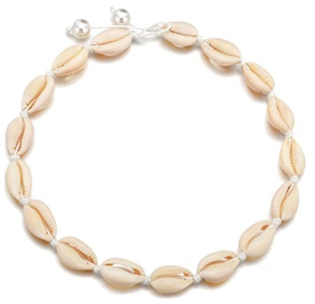 CHICNET Muschelhalskette Cowrie Shell Kauri Muschel Choker Halskette Wakiki Hawaii Beach Gypsy Surfer Kette Hals Schmuck Frauen Mädchen Männer Herren Baumwollfaden weiß schwarz 42cm weiß