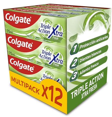 Colgate Lot de 12 dentifrices triple action Xtra Fresh 75 ml, dentifrice avec fluor, protection anti-caries, aide à garder les dents blanches, haleine fraîche, pour toute la famille
