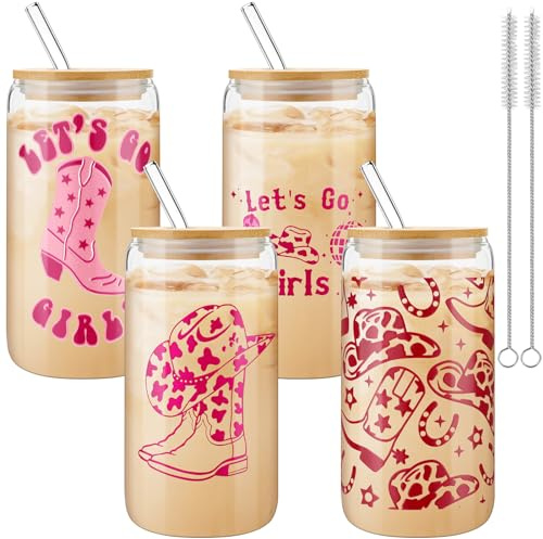 Maxcheck 4 Pcs Western Cowgirl Beer Glass 16 oz Hat Drinking Beer Can Iced Coffee Cup with Bamboo Lid Straw and Cleaning Brush Disco Glass Preppy Coffee Decoration for Cowgirl Gifts