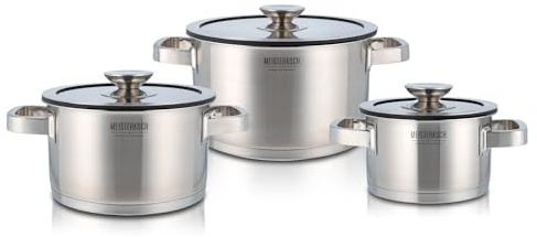 Meisterkoch Topfset Induktion Edelstahl Kochtopfset 3-teilig, für Zuhause | Silikonring mit Sieb im Glasdeckel, Hitzeisolierende Griffe, Innenskala, spülmaschinengeeignet, für alle Herdarten