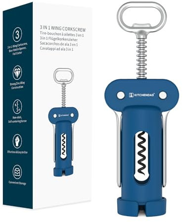 KITCHENDAO 3 in 1 Wing Corkscrew Wine Bottle Opener with Foil Cutter, Built-in Beer Bottle Opener, Multifunctional Wine Opener with Non-Stick Sharp Screw,Easy to Use, Manual Wine Corkscrew ，Blue