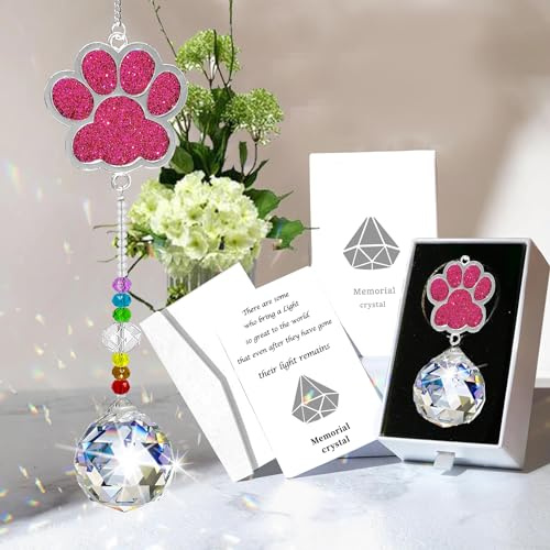 Dog Memorial Gifts for Loss of Dog, Pet Paw Print Sympathy Gifts Crystal Window Suncatcher,Dog Remembrance Gift Sun Catcher, Pet Passing Away Loss Rainbow Maker Gifts (Double sided pink)