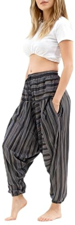 Generico Pantaloni Harem Estivi Unisex, Gamba Larga, Righe Colorate, Elastico in Vita, Cotone, Ali Baba, Multicolore Aladdin (IT, Testo, Taglia Unica, Regular, Regular, Nero e Blu)