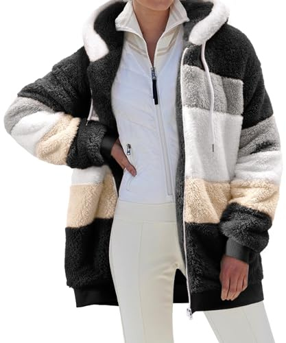 CMTOP Manteau Femme Hiver Veste Polaire Chaude Blouson Doux Peluche Thermique Sweat à Capuche Épaissir Grande Taille Hoodie Zippé Décontractée Outerwear Couleurs Entrechoquent(Noir,L)