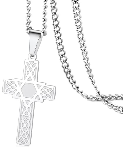 Cross Star of David Pendant Necklace for Men Women Crucifix Cross Pendant with Hexagon Stainless Steel Religious Jewish Christian Protection Jewelry Gifts (silver cross star of david necklace)