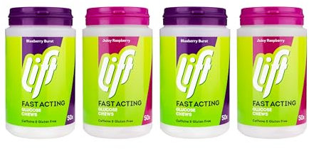 Lift Fast-Acting Glucose Chewable Energy Tablets, Mixed Raspberry and Blueberry, 4 Pack of 50-Tablet Tubs