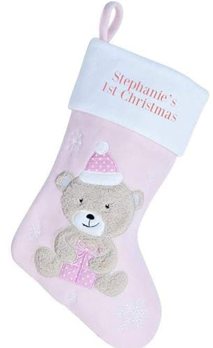 Personalised Baby's 1st Christmas Bear Stocking Embroidered with Name Sentimental Keepsake Gift Baby Blue Xmas Stocking Baby Pink Luxury Christmas Decoration (Teddy with Present, Baby Pink)