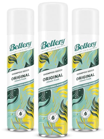 Bellery Original Classic Fresh Dry Shampoo - Shampoo Secco Spray per Tutti i Tipi di Capelli - Formula Rinfrescante e Ravvivante - Fragranza Fruttata e Floreale - 3 Shampoo Spray da 200ml