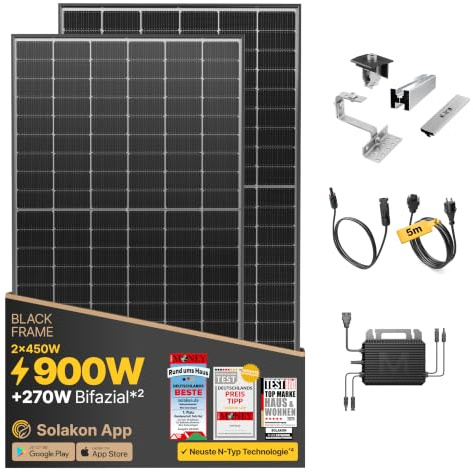 Solakon 900W Balkonkraftwerk mit Halterung (Ziegeldach, Paarmontage) - 800W komplett Steckdose - 800 Watt Wechselrichter - Solaranlage Komplettset - 450W bifaziale Solarmodule inkl Zubehör - 5m Kabel