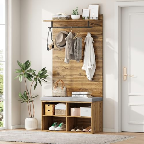 ZYLOYAL10 Högt garderobsset i träutseende med skobänk, justerbar hylla, klädstång och klädsel – 84 x 32 cm – praktiska hallmöbler (A)