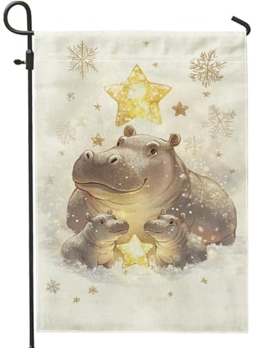 Bella bandiera da giardino per famiglie ippopotamo, animale nevoso beige, decorazione per esterni, bandiera per vacanze double face per la stagione invernale, decorazione da cortile caldo per la casa