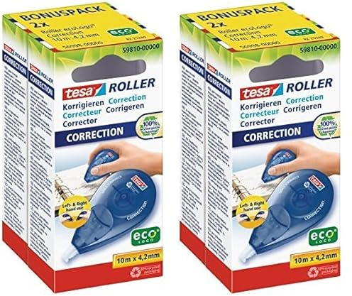 tesa Roller Korrigieren eco Logo nachfüllbar, lösungsmittelfrei, umweltfreundlich, automatische Bandstraffung, für Rechts- - Linkshänder, 10m x 4,2mm (Packung mit 2)