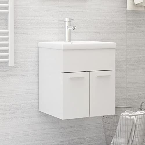 Tidyard Sink Cabinet, Under Sink Bathroom Storage, Bathroom Cabinets with Built-in Basin High Gloss White Chipboard, 1 Compartment and 2 Doors