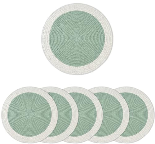 Encasa XO Placemats, Round Cotton Handcrafted Mats 32 cm Sage | Handcrafted Coiled Rope Cotton | Ribbed Texture | Non-Slip Heat Protection | Machine Washable | Set of 6