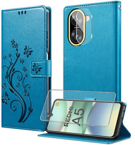 MQERYBV Hülle für Xiaomi Redmi A5 4G Handyhülle, Blau | Schutzfolie und Kameraschutz, 3 Kartenfächer, Magnetische Flip Klapphülle, PU Leder, Stoßfeste TPU, Standfunktion Schutzhülle