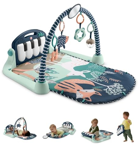 Fisher-Price - Palestrina Baby Piano Blu, Tappetino Pianoforte con 5 Giocattoli sensoriali posizionabili sull'arco per Il Gioco da sdraiati e specchietto Incluso, 0+ Mesi, JMN75