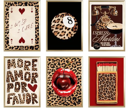Lot de 6 affiches décoratives de chambre à imprimé léopard - Toile sans cadre - Impression de guépard - Décoration murale pour chambre à coucher, salon, bar, café (20 x 25 cm)