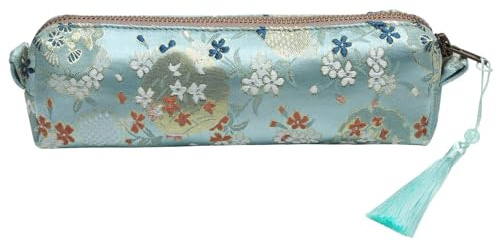 TNSLAND Astuccio Retrò in Broccato Adulto Astuccio per Scuola College Studenti Ragazze, Ciondolo con Nappa, Organizzatore A Cerniera, Floreale Astuccio Portapenne Pencil Case Aesthetic, Verde, Vintage