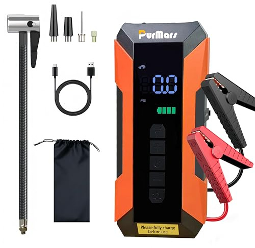 PurMars Starthilfe Powerbank für pkw,3000A Auto-Starthilfe | 150PSI Luftkompressor,12V Starter Powerbank(Bis Alle Benzin&8.5L Diesel),Jump Starter mit LCD-Display,QC3.0,LED Taschenlampe