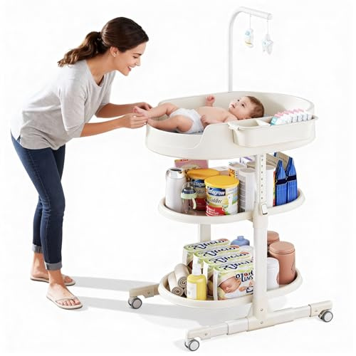 Wickeltisch, Wickelkommode für Baby, Höhenverstellbare Mobiler Baby Wickeltisch mit Stauraum, Tragbarer Wickelkombi mit Rollen und Wickelauflage für Neugeborene (Weiß)