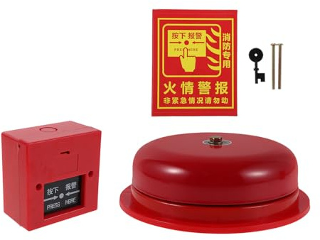 VILLFUL Fire Bell with Emergency Alarm Button and Warning Sticker Wired Electric Fire Alarm for Industrial School Office and Warehouse Safety Easy Wall Mount Installation