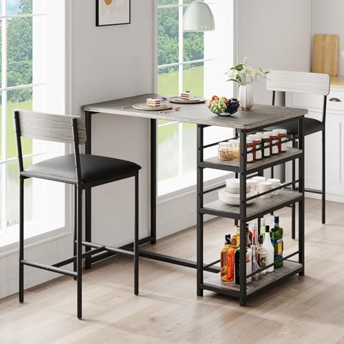 Crevyteg Bartisch mit Barhocker Set, Esstisch Set für 2 Personen mit 3 Ablageflächen, Gepolsterte Barstühle, Platzsparendes Küchentisch Set für Kleine Räume, Küche, Wohnung, Frühstückstheke, Grau