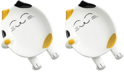 Tofficu Support de Cuillère en Céramique 2 Pièces Décor Chat Jaune et Blanc, Porte-ustensiles Multifonction Cuisine, Repose-louche et Porte-couvercle Pratique pour Plan de Travail Propre