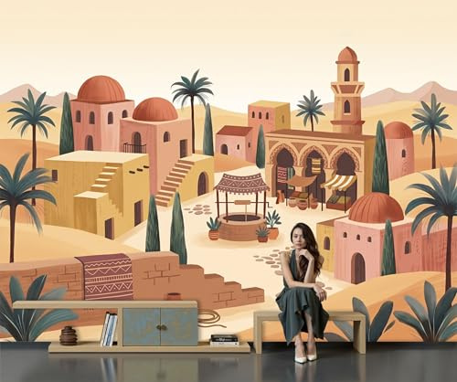 Mural de Pared Desierto De Dibujos Animados, 200x140cm Papel Tapiz Grande Ciudad Del Desierto Fotomurales Panorámico, Papel Pintado de Seda para Sala de Estar, Dormitorio, Fondo de TV, Beige