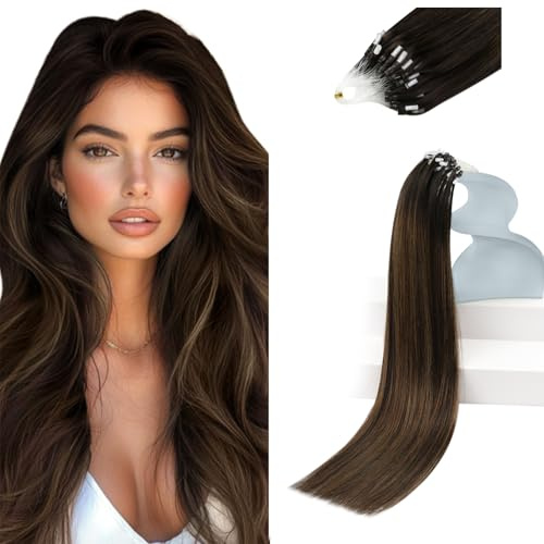 Sunny Hair Micro Link Human Hair Extensions,Dark Brown Balayage with Medium Brown Highlights, 57g Micro Bead Hair Strands, Designed for Weddings, Parties, and Evening Social Events, 14 Inch