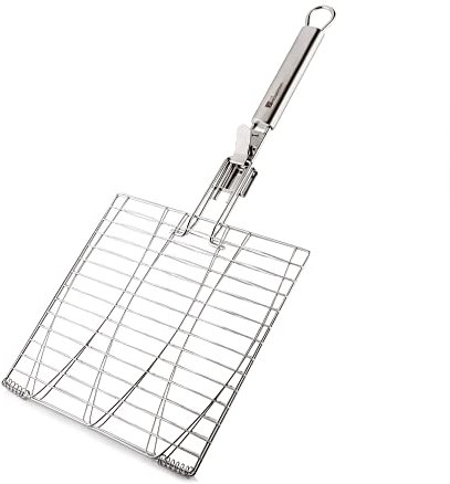 Fire Mountain Stainless Steel BBQ Fish Grill Rack, Premium Quality Grilling Tools & BBQ Accessories, Foldable, Removable Handle, Multipurpose BBQ Grill Basket, Lockable, Grid Body