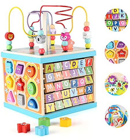 Qilay Wooden Activity Cube for Toddlers (Large), 5 in 1 Multipurpose ABC-123 Abacus Bead Maze Shape Sorter | Early Educational Toy for Toddlers - First Birthday Present for Boys Girls