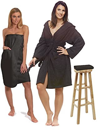 Interkontakt SET - L - Bademantel Damen Frottee mit Kapuze + Saunakilt Damen + Handtuch - 100% Baumwolle OEKO-TEX® Zertifiziert - Verfügbare Größen (S, M, L, XL, XXL) - Farbe - Black Chocolate