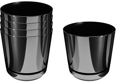 KORAD Set di 5 vasi con sottovaso di diametro 12 cm modello 088 - Nero Lucido; glamour; moderno, alta brillantezza, stile classico, rustico, loft, per piante, erbe, fiori e composizioni vegetali.