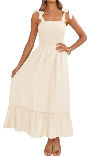 ZESICA Women's 2025 Summer Boho Spaghetti Strap Square Neck Solid Color Ruffle A Line Beach Long Maxi Dress,Apricot,Medium