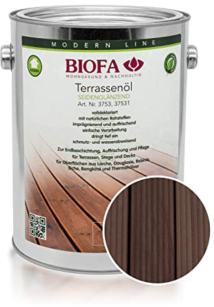 BIOFA Terrassenöl farbig 37531 Pflegeöl für Holzterrassen und Terrassen-Dielen aus Holz – Öl aus natürlichen Rohstoffen - Außenbereich (2,5L, Mooreiche)