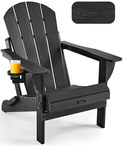 Ciokea Sedia pieghevole Adirondack per patio, resistente alle intemperie, in plastica, con portabicchieri, sedia da prato per esterni, veranda, giardino, cortile, terrazza (nero)