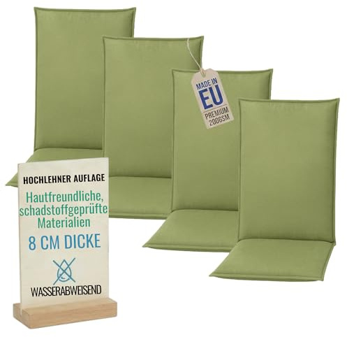 Pillows24 - Hochlehner Auflagen 4er Set - 120x50cm – 8cm Dick - Premium-Material 200gsm, Wasserabweisend | Sitzauflagen Hochlehner | Gartenstuhlauflagen für Gartenmöbel | Grün