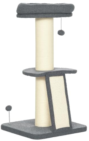 PawHut Kratzbaum 92 cm Rampe für Katzen bis 5 kg Dunkelgrau+Cremeweiß | Katzenbaum mit Kratzbrett, Spielball, Katzenkratzbaum mit Sisal-Kratzsäulen