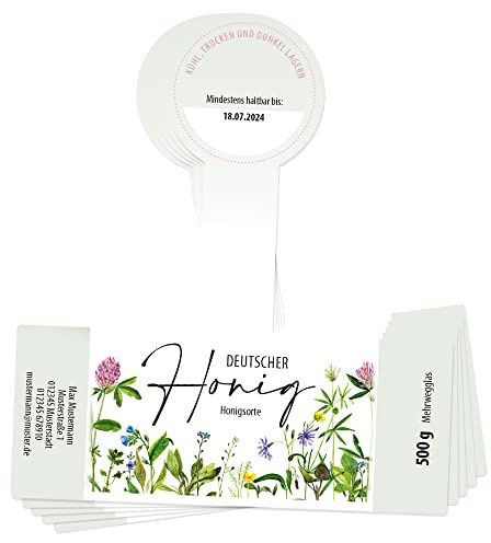 Apoidea – Honig Etiketten 500g mit Gewährverschluss selbstklebend & personalisierbar - 50 Stück/Etiketten Honiggläser/Honig Aufkleber für selbstgemachten Honig/Honigetiketten für Honiggläser
