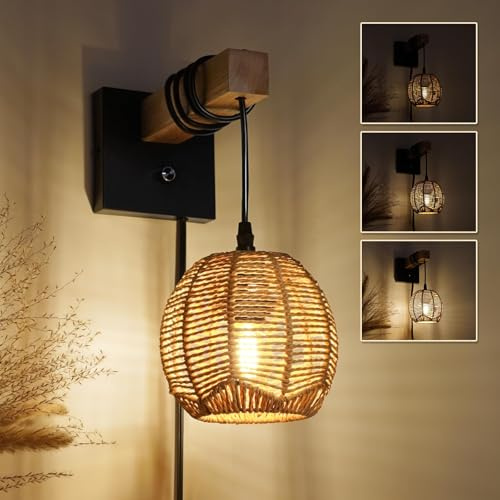 HYMELA N01 Plug in Dimmable Wall Sconces Hanging Boho Rattan Wall Lamp Farmhouse Stepless Wall Sconce Woven Wall Lamp Hardwired Wall Lights for Living Room Bedroom Bedside Hallway (Bulb Included)