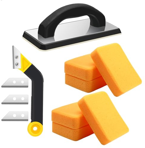 Blulu 11 Pcs Grout Float Sets Include 9.5 x 4 Inch Molded Rubber Grout Float, 6 Sponge, Angled Tile Saw with 3 Blades Replacement, Removal Tool for Masonry Stucco Drywall Concrete (Black)